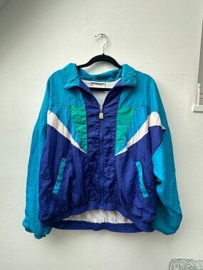 Vintage 80s / 90s Blue and Green Windbreaker Nylon Jacket Mens XL